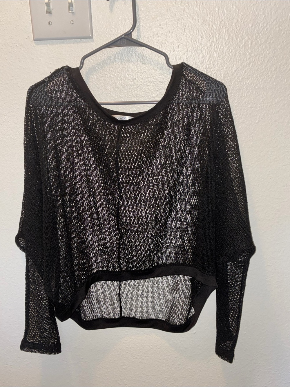 Women's Black Sheer Open-Knit Crewneck Sweater